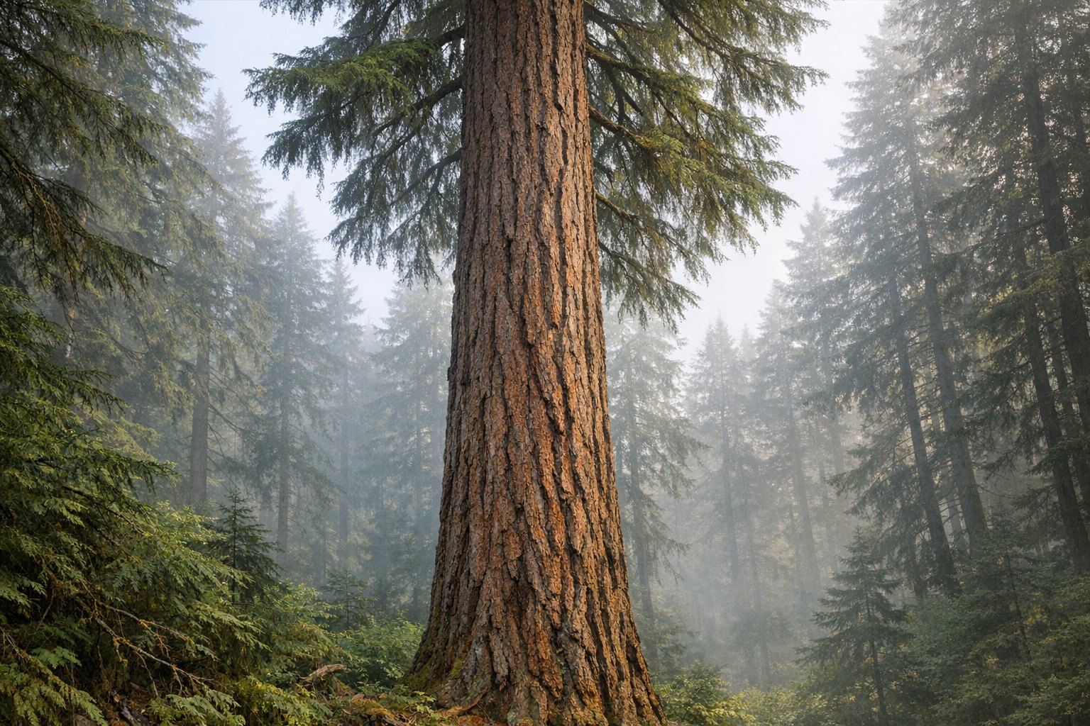 A tall Douglas Fir (Pseudotsuga menziesii) in a Pacific Northwest forest with green needled branches